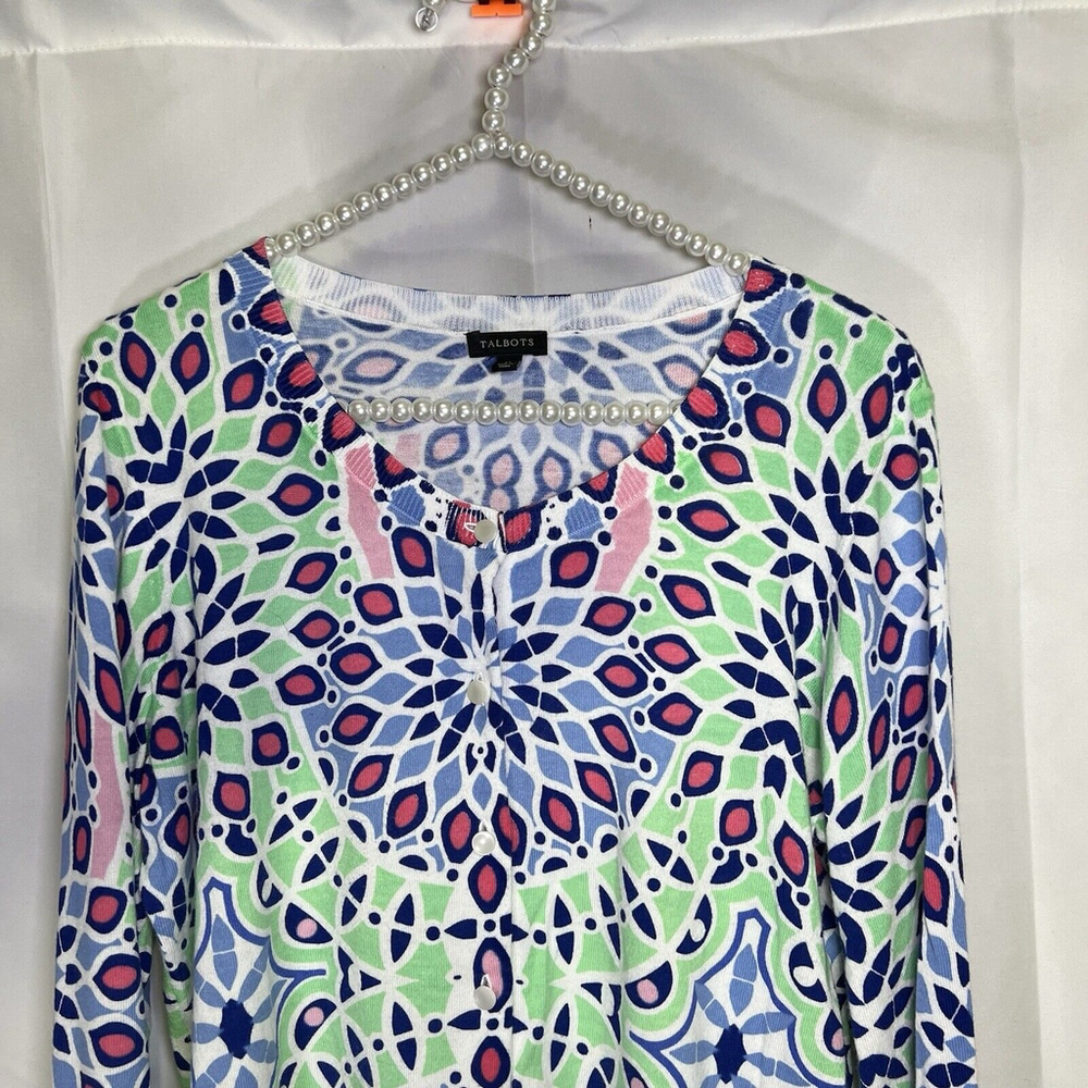 Talbots Womens Cardigan M Multicolor Button Sweater 3/4 Sleeve Artsy Office - Picture 2 of 10